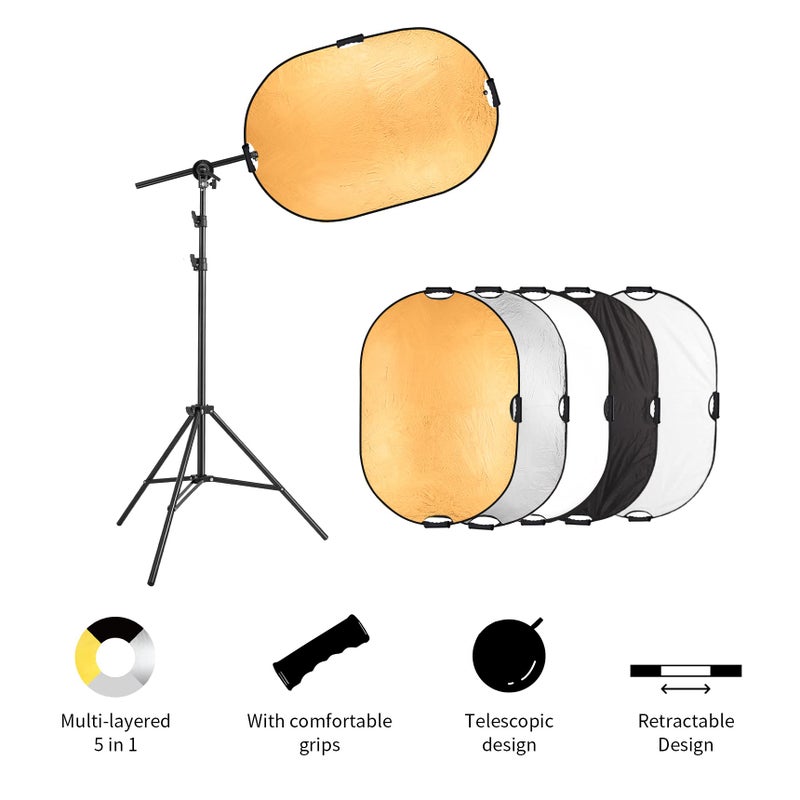Selens Photography Reflector Stand kit, 24x36 inches 5 in 1 reflectors with 78 inches Light Stands and Extendable Holder Arm Clips for Photo Studio Lighting - Image 2